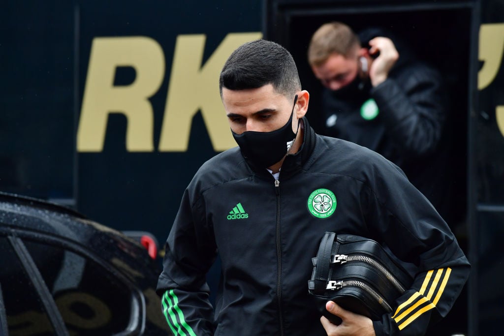 Tom Rogic of Celtic arrives at the stadium prior to the Ladbrokes Scottish Premiership match between St. Johnstone and Celtic at McDiarmid Park on ...