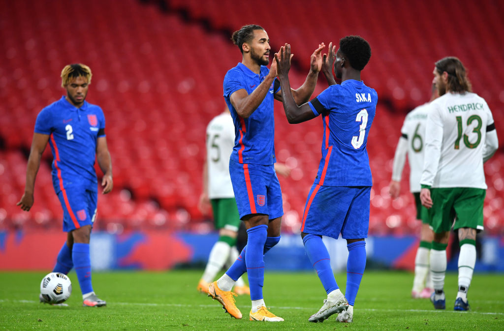 Dominic Calvert-Lewin of England celebrates after he scores his sides third goal from the penalty spot during the international friendly match betw...