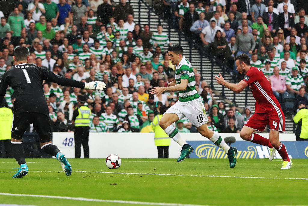 Tom Rogic of Celtic runs through to score during the William Hill Scottish Cup Final between Celtic and Aberdeen at Hampden Park on May 27, 2017 i...