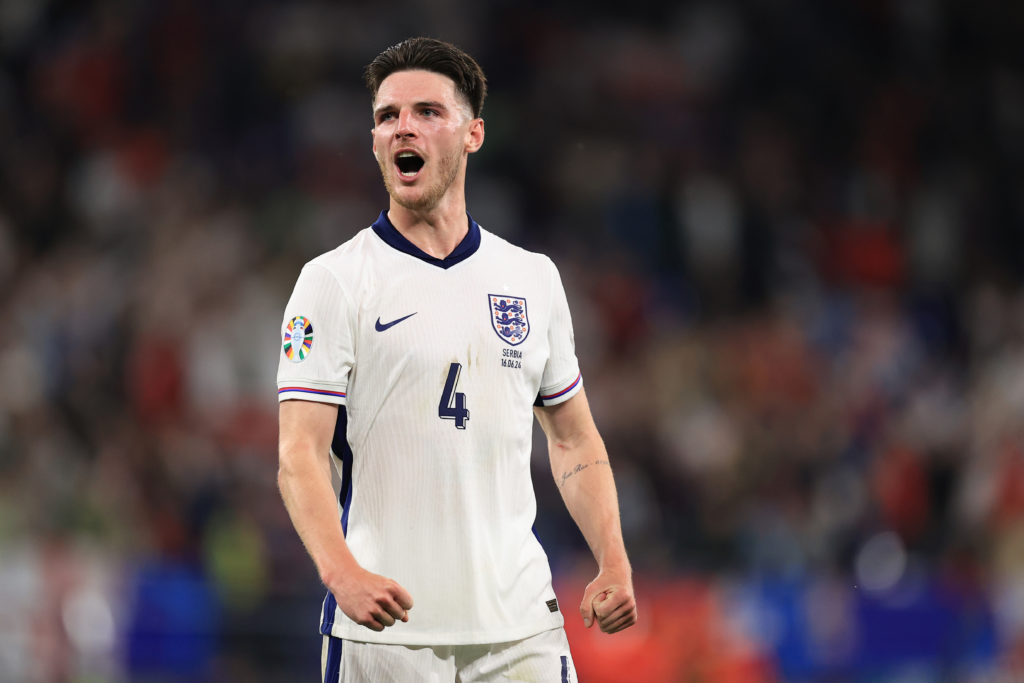 Declan Rice of England celebrates victory after the UEFA EURO 2024 group stage match between Serbia and England at Arena AufSchalke on June 16, 202...