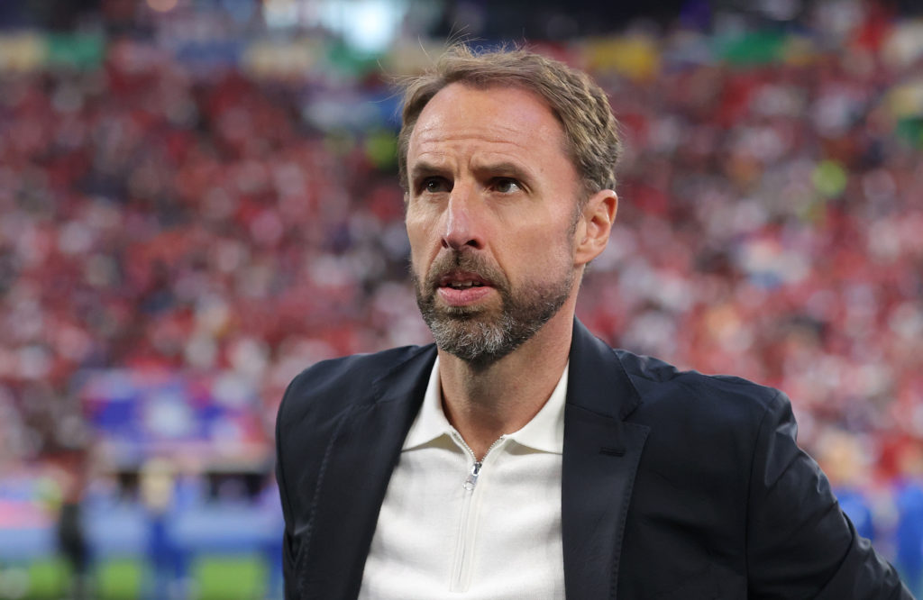 Gareth Southgate the manager of England looks on prior to the UEFA EURO 2024 group stage match between Serbia and England at Arena AufSchalke on Ju...