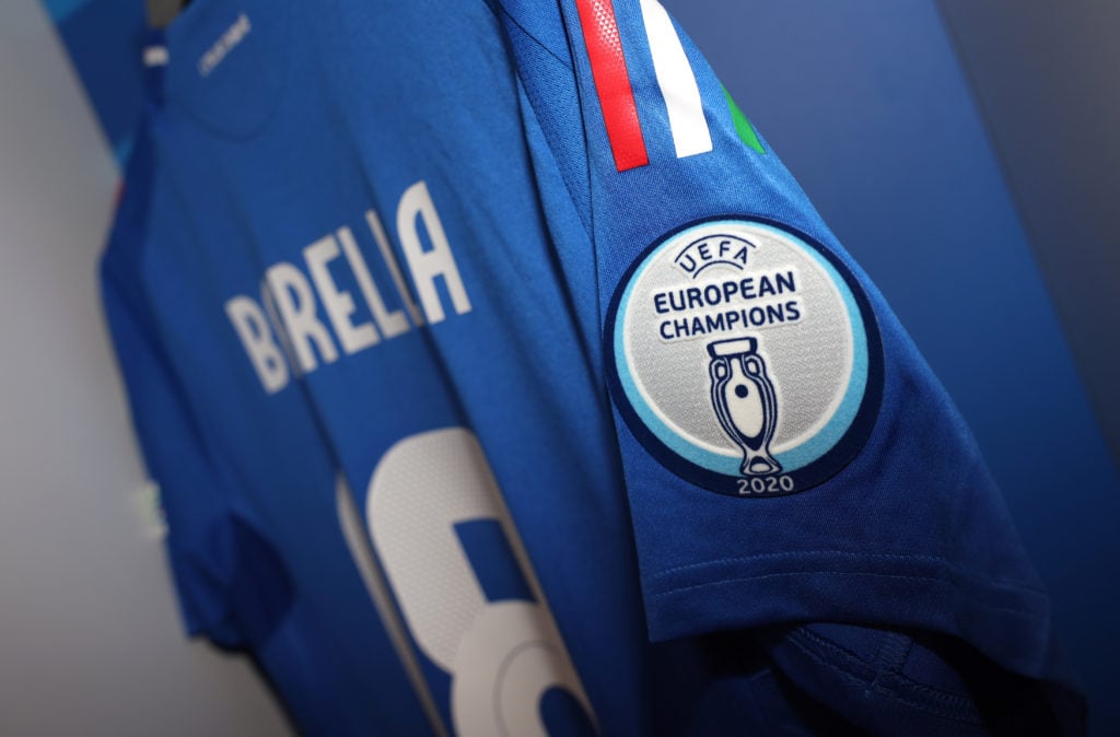 A detailed view of the UEFA European Champions 2020 sleeve badge, displayed on the shirt of Nicolo Barella inside the Italy dressing room prior to ...