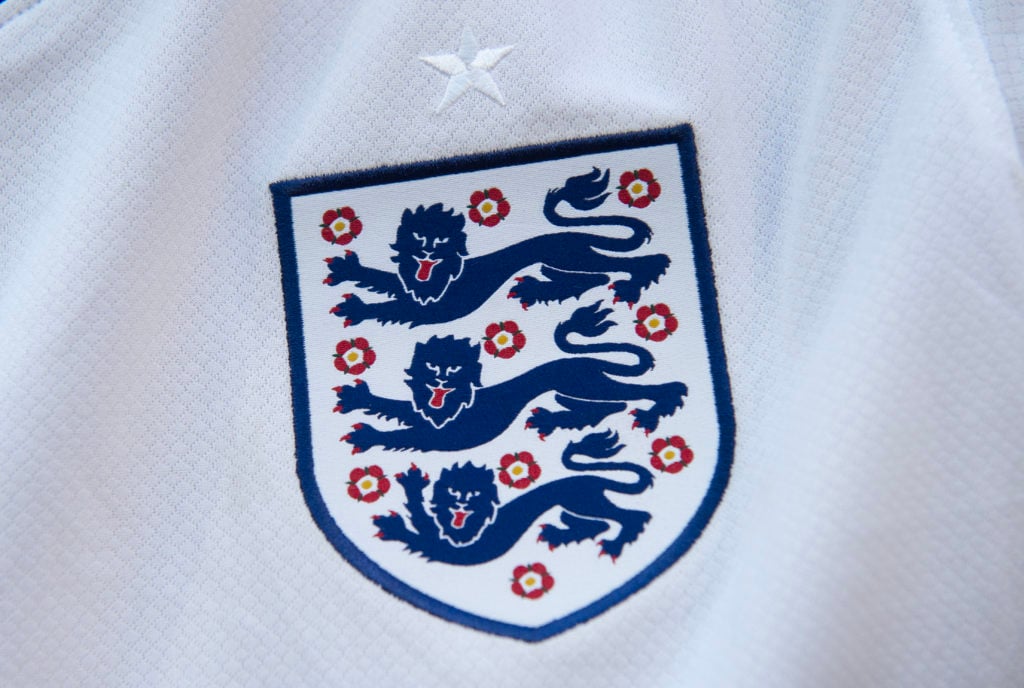 The official England national team badge on a jersey prior to the UEFA EURO 2024 round of 16 match between Germany and Denmark at Football Stadium ...