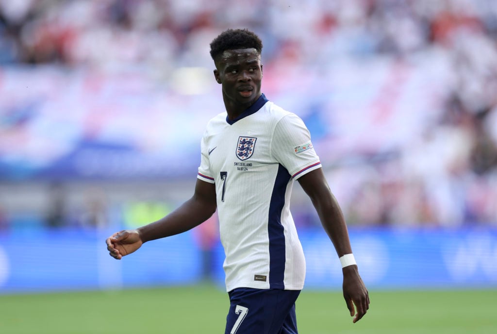 Bukayo Saka of England looks on during the UEFA EURO 2024 quarter-final match between England and Switzerland at Düsseldorf Arena on July 06, 2024 ...