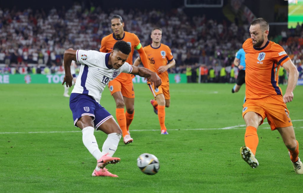 Ollie Watkins of England (L) scores his team's second goal during the UEFA EURO 2024 semi-final match between Netherlands and England at Football S...