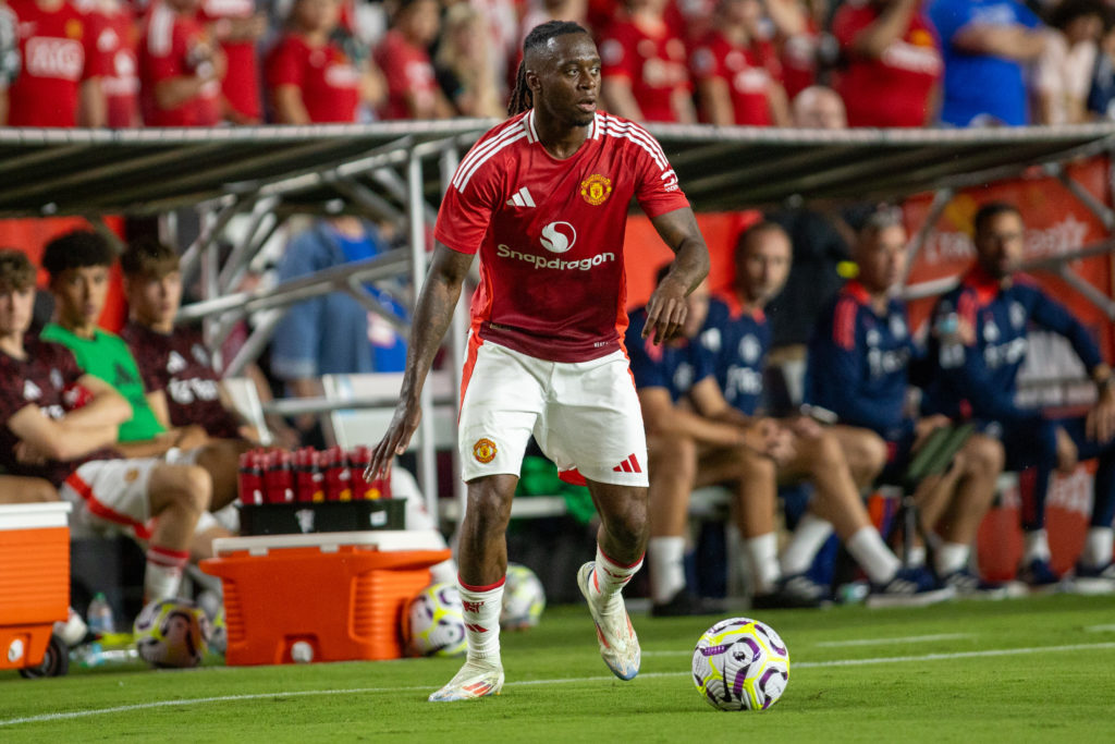Aaron Wan-Bissaka #29 of Manchester United identifies a passing lane during a match between Manchester United and Liverpool FC at Williams-Brice St...