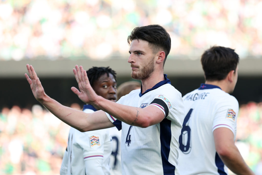 Declan Rice of England celebrates scoring his team's first goal during the UEFA Nations League 2024/25 League B Group B2 match between Republic of ...