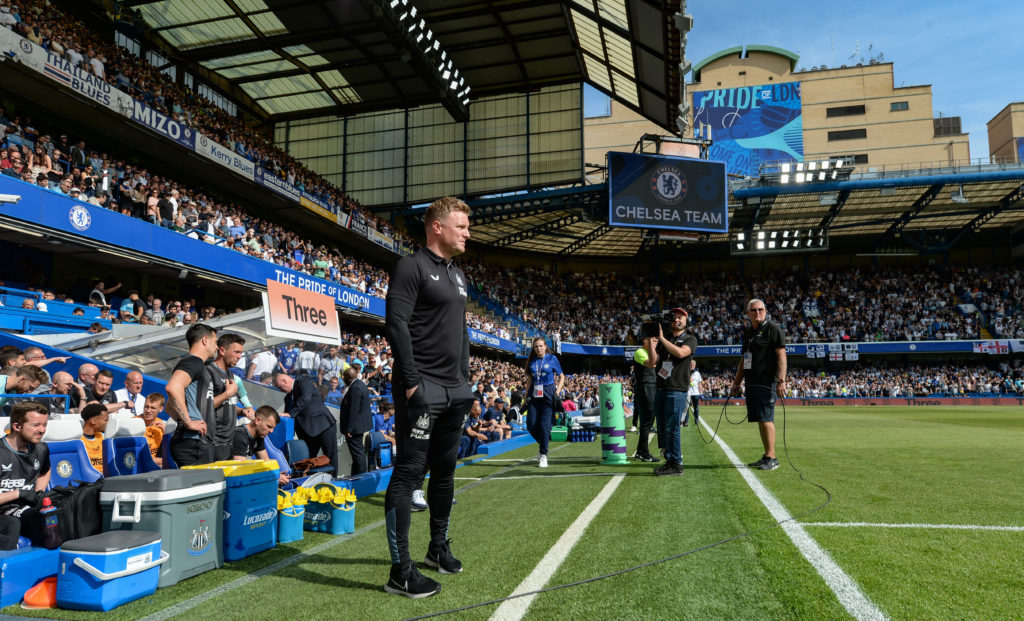 Newcastle United Head Coach Eddie Howe stands pitchside during the Premier League match between Chelsea FC and Newcastle United at Stamford Bridge...