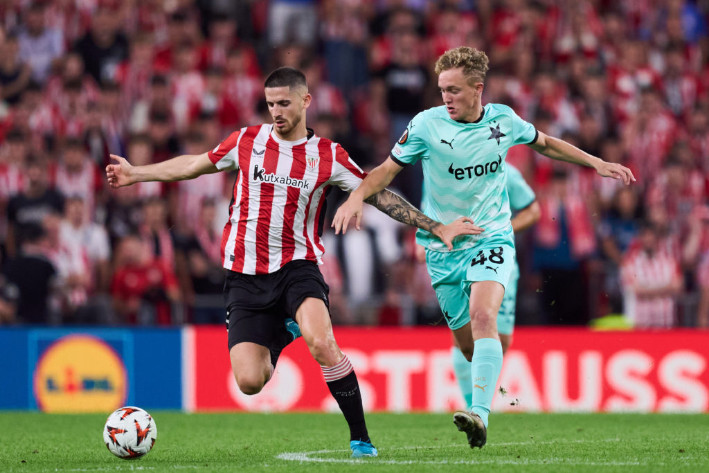 Dominik Pech of SK Slavia Praha duels for the ball with Oihan Sancet of Athletic Club during the UEFA Europa League 2024/25 League Phase MD3 match ...