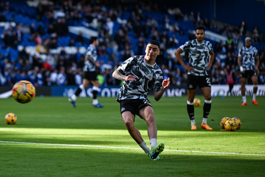 Miguel Almirón of Newcastle United FC (24) strikes the ball as he warms up during the Premier League match between Chelsea FC and Newcastle United ...