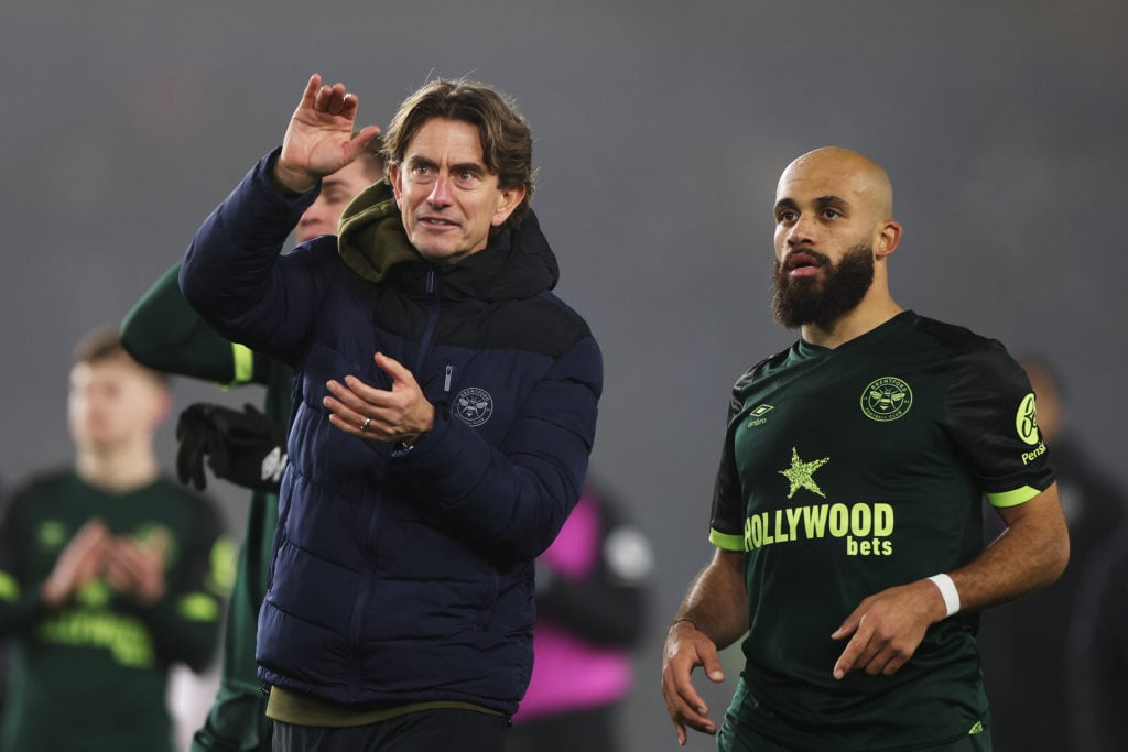 Thomas Frank, Manager of Brentford, and Bryan Mbeumo of Brentford acknowledge the fans after the draw in the Premier League match between Brighton ...