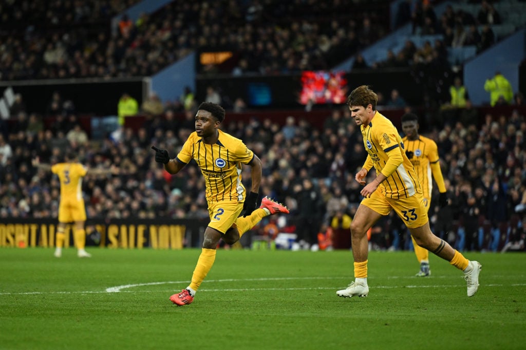 Tariq Lamptey of Brighton & Hove Albion celebrates scoring his team's second goal during the Premier League match between Aston Villa FC and Br...