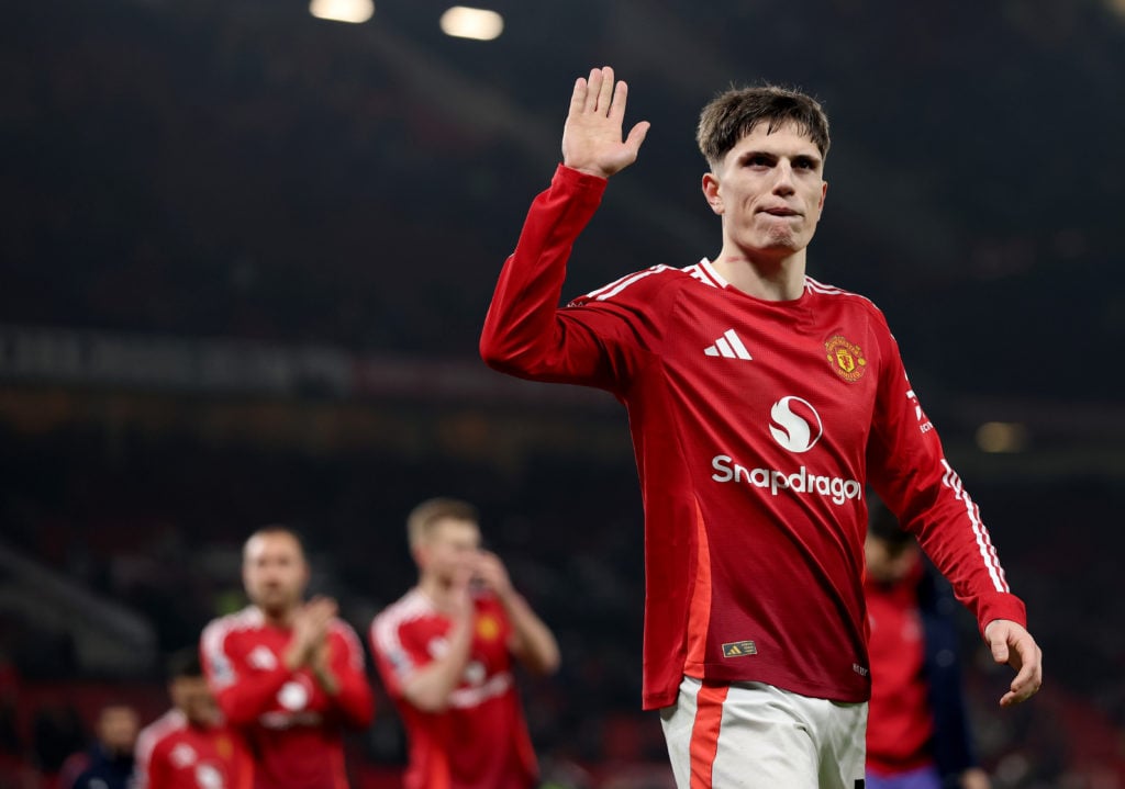 Alejandro Garnacho of Manchester United waves to the Stretford End after the Premier League match between Manchester United FC and Southampton FC a...
