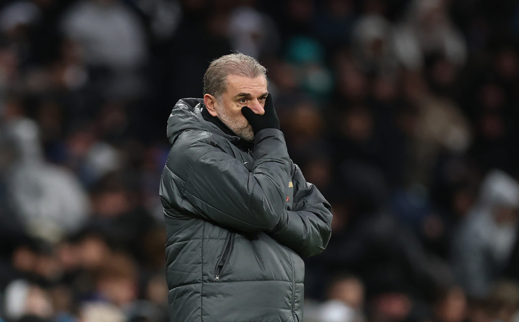 Ange Postecoglou, Manager of Tottenham Hotspur, reacts during the Premier League match between Tottenham Hotspur FC and Leicester City FC at Totten...