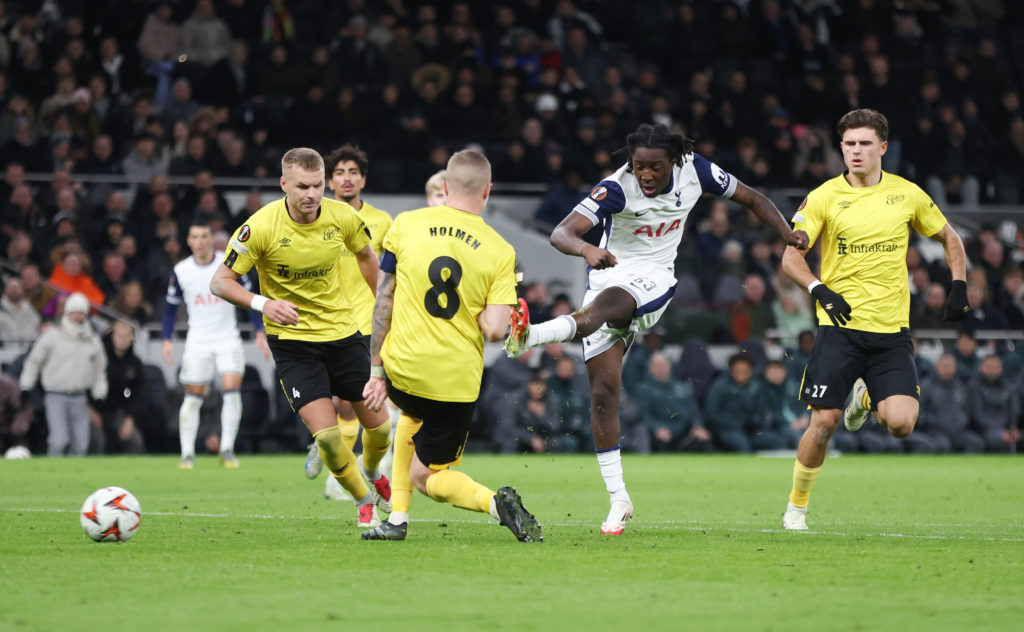 Tottenham Hotspur's Damola Ajayi scores his side's second goal during the UEFA Europa League 2024/25 League Phase MD8 match between Tottenham Hots...