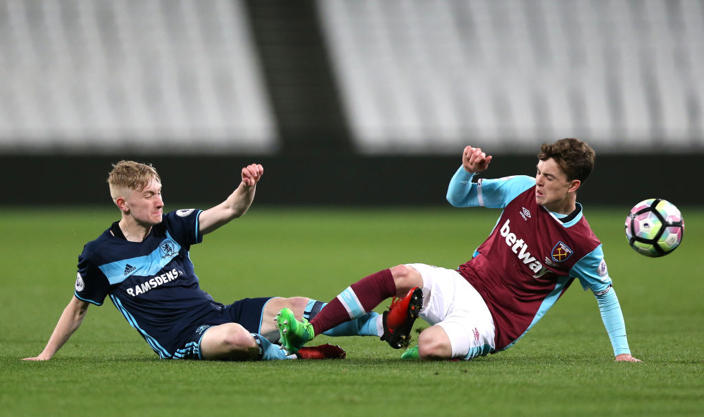 during the Premier League 2 match between West Ham United and Middlesbrough at London Stadium on April 10, 2017 in Stratford, England.