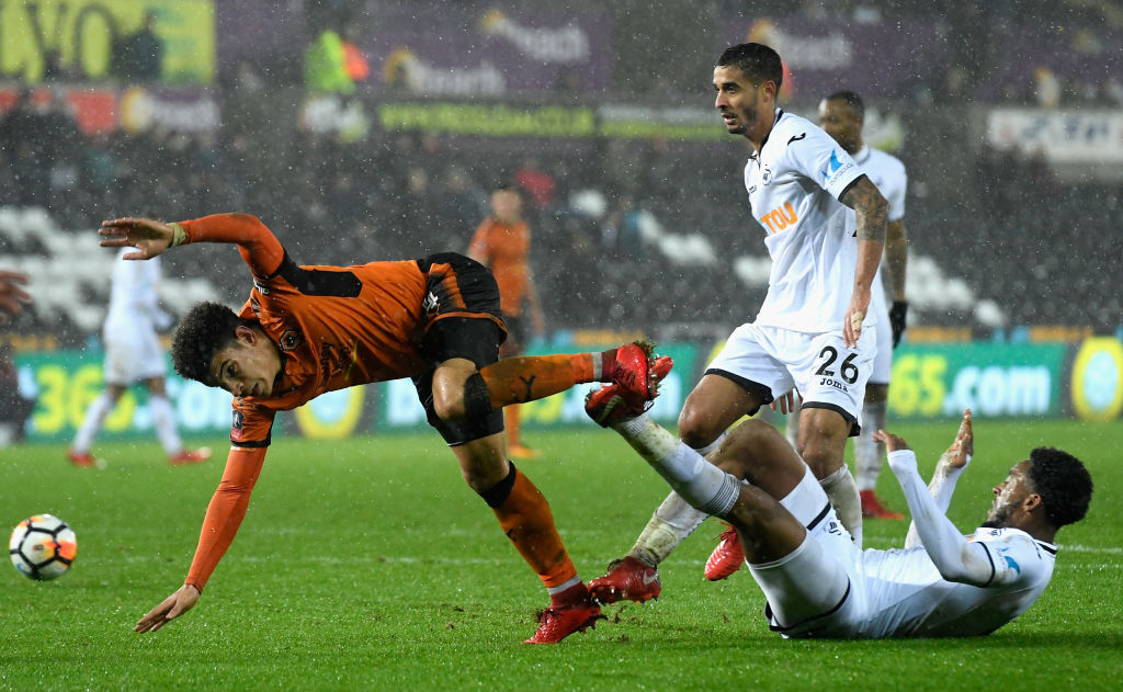 during The Emirates FA Cup Third Round Replay between Swansea City and Wolverhampton Wanderers at Liberty Stadium on January 17, 2018 in Swansea, ...