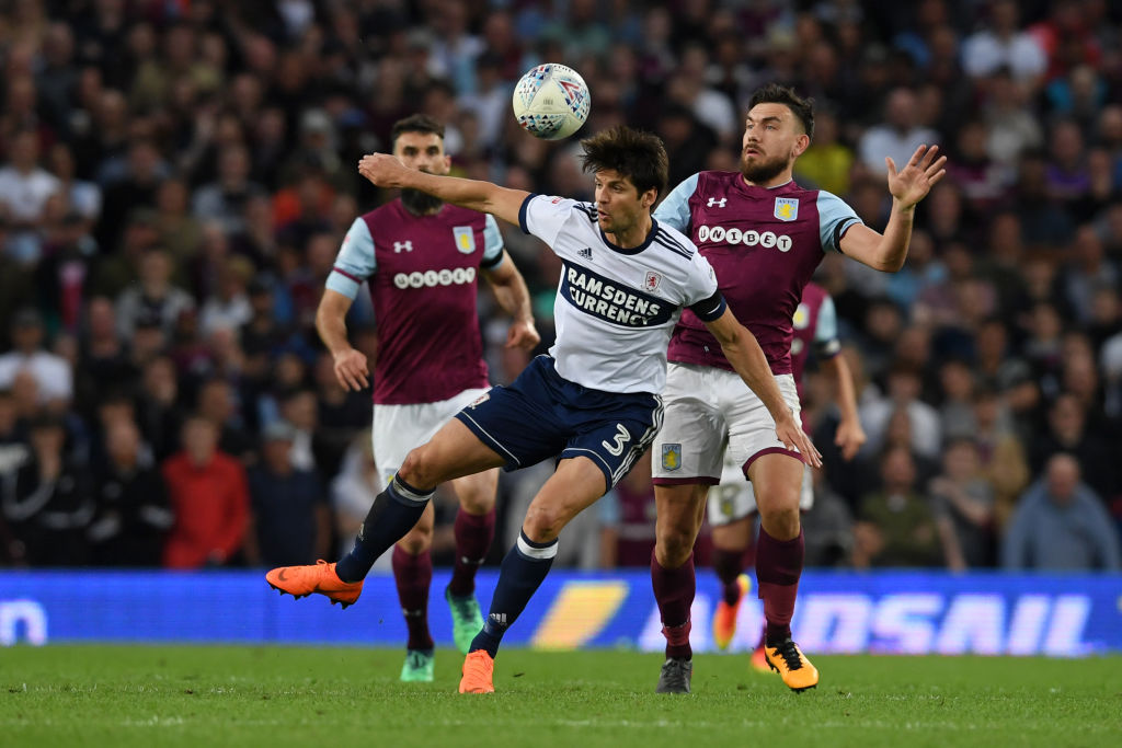 during the Sky Bet Championship Play Off Semi Final second leg match between Aston Villa and Middlesbrough at Villa Park on May 15, 2018 in Birming...