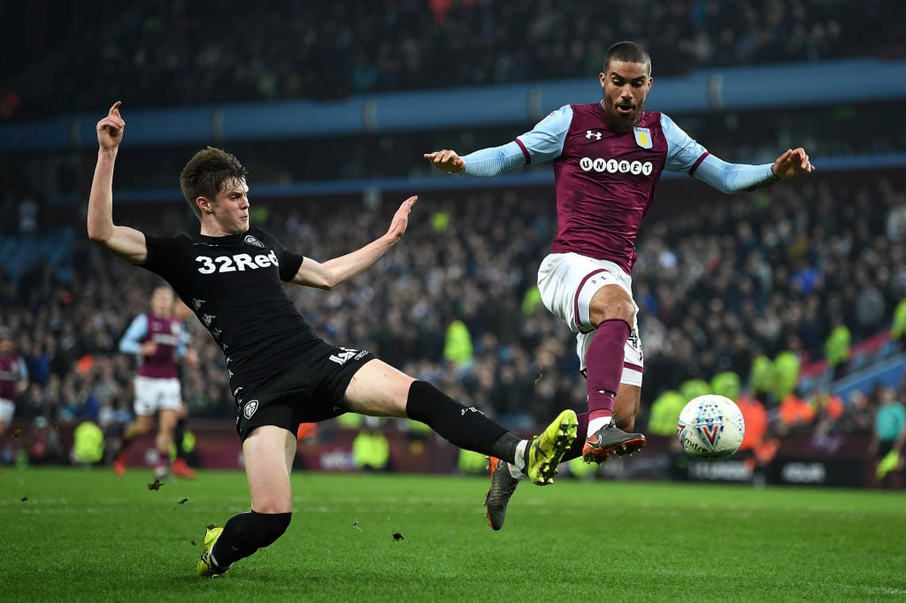 during the Sky Bet Championship match between Aston Villa and Leeds United at Villa Park on April 13, 2018 in Birmingham, England.