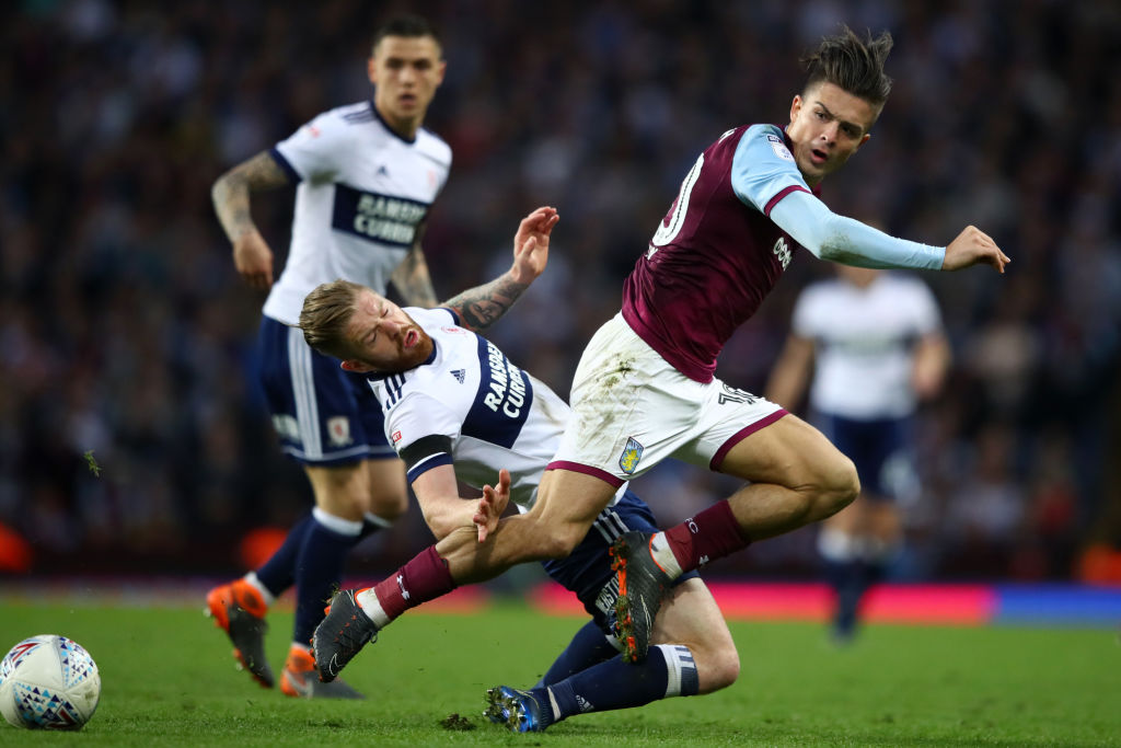 during the Sky Bet Championship Play Off Semi Final second leg match between Aston Villa and Middlesbrough at Villa Park on May 15, 2018 in Birming...