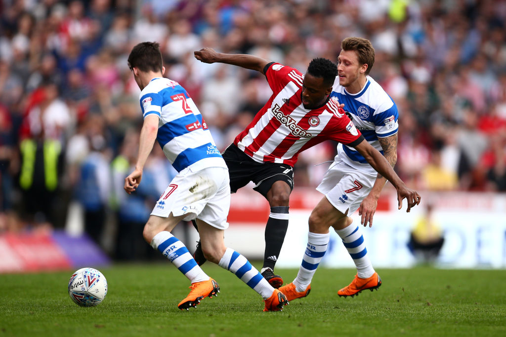  during the Sky Bet Championship match between Brentford and Queens Park Rangers at Griffin Park on April 21, 2018 in Brentford, England.