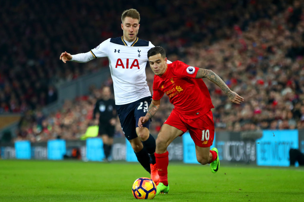 during the Premier League match between Liverpool and Tottenham Hotspur at Anfield on February 11, 2017 in Liverpool, England.