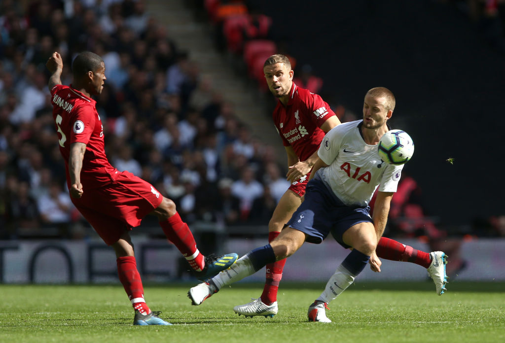 LONDON, ENGLAND - SEPTEMBER 15: Eric Dier of Tottenham Hotspur gets kit in the face by and Georgina Wijnaldum of Liverpool during the Premier Leagu...