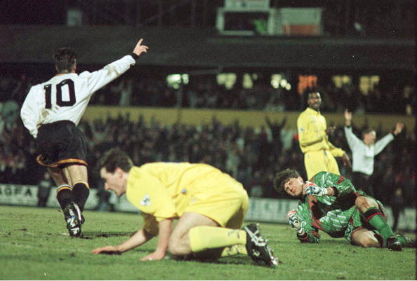 27 Feb 1996: Tony Naylor of Port Vale celebrates after scoring against Leeds as David Wetherall and goal keeper John Lukic of Leeds are beaten duri...