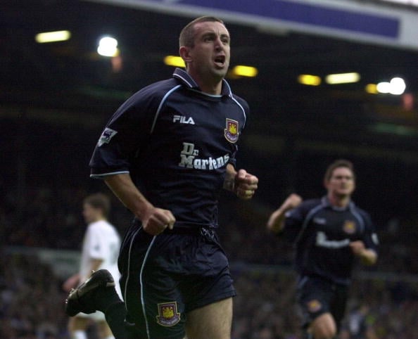 18 Nov 2000: Nigel Winterburn of West ham celebrates after the opening goal during the Leeds United v West Ham United FA Carling premiership match ...