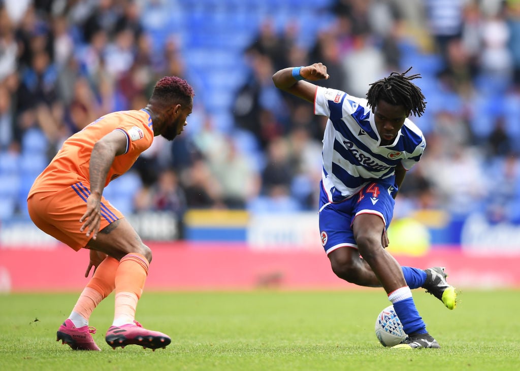 Ovie Ejaria of Reading makes a break during the Sky Bet Championship match between Reading and Cardiff City at Madejski Stadium on August 18, 2019 ...