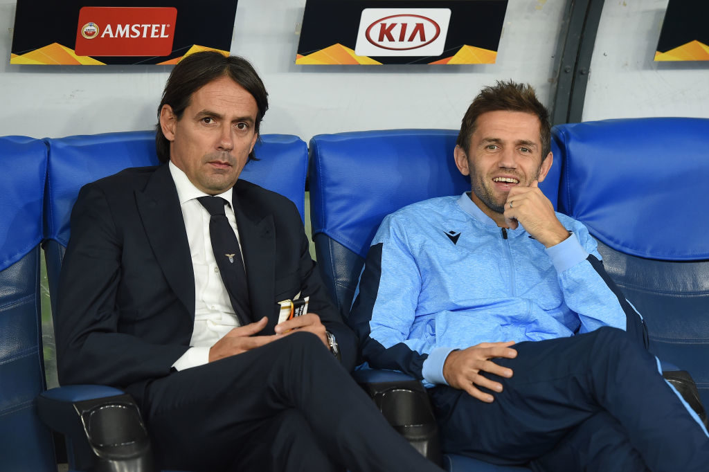 Inzaghi takes to the dugout as Lazio face Celtic in 2019's Europa League.