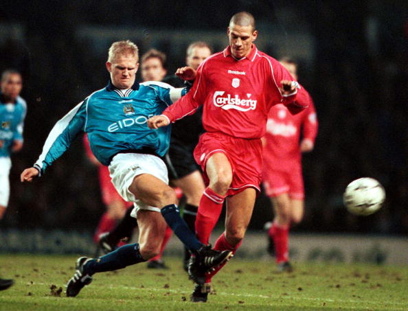31 Jan 2001:  Alf Inge Haaland of Man City clears   from Christian Ziege of Liverpool during the match between Manchester City v Liverpool in the F...