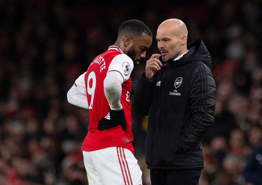 LONDON, ENGLAND - DECEMBER 05: Arsenal Interim Head Coach Freddie Ljungberg talks to Alexandre Lacazette during to the Premier League match between...