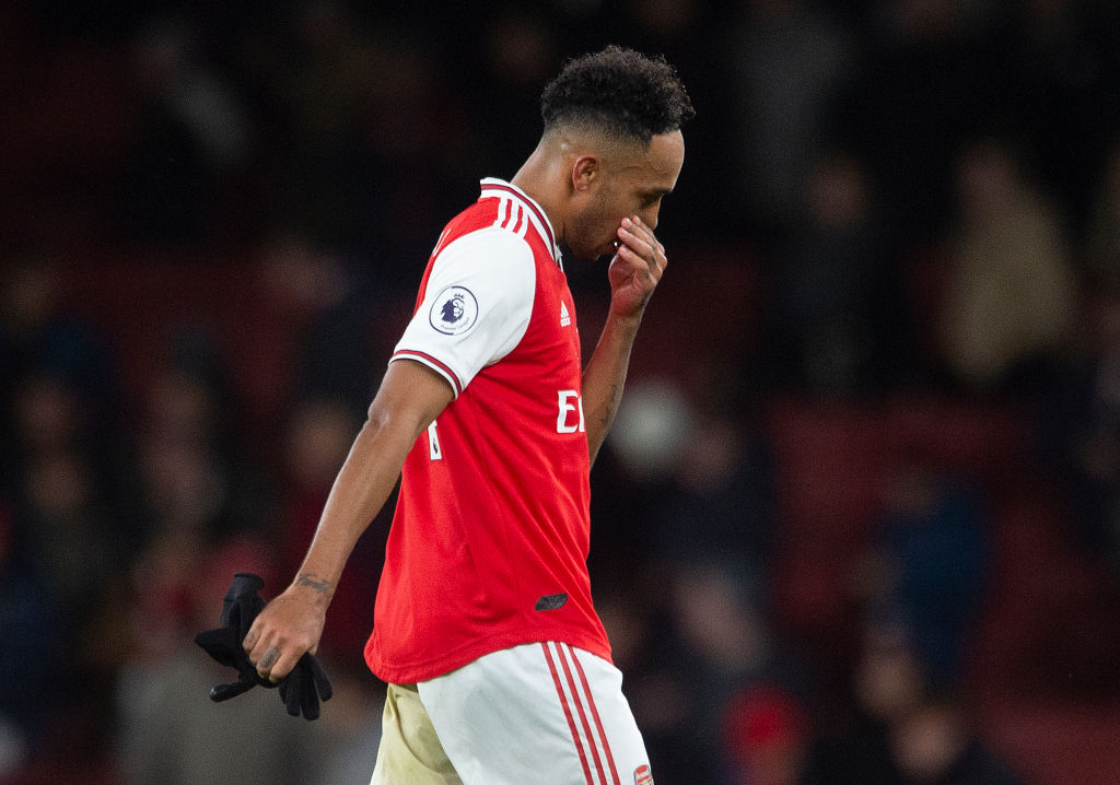 LONDON, ENGLAND - DECEMBER 05: Pierre-Emerick Aubameyang of Arsenal reacts to defeat after the Premier League match between Arsenal FC and Brighton...
