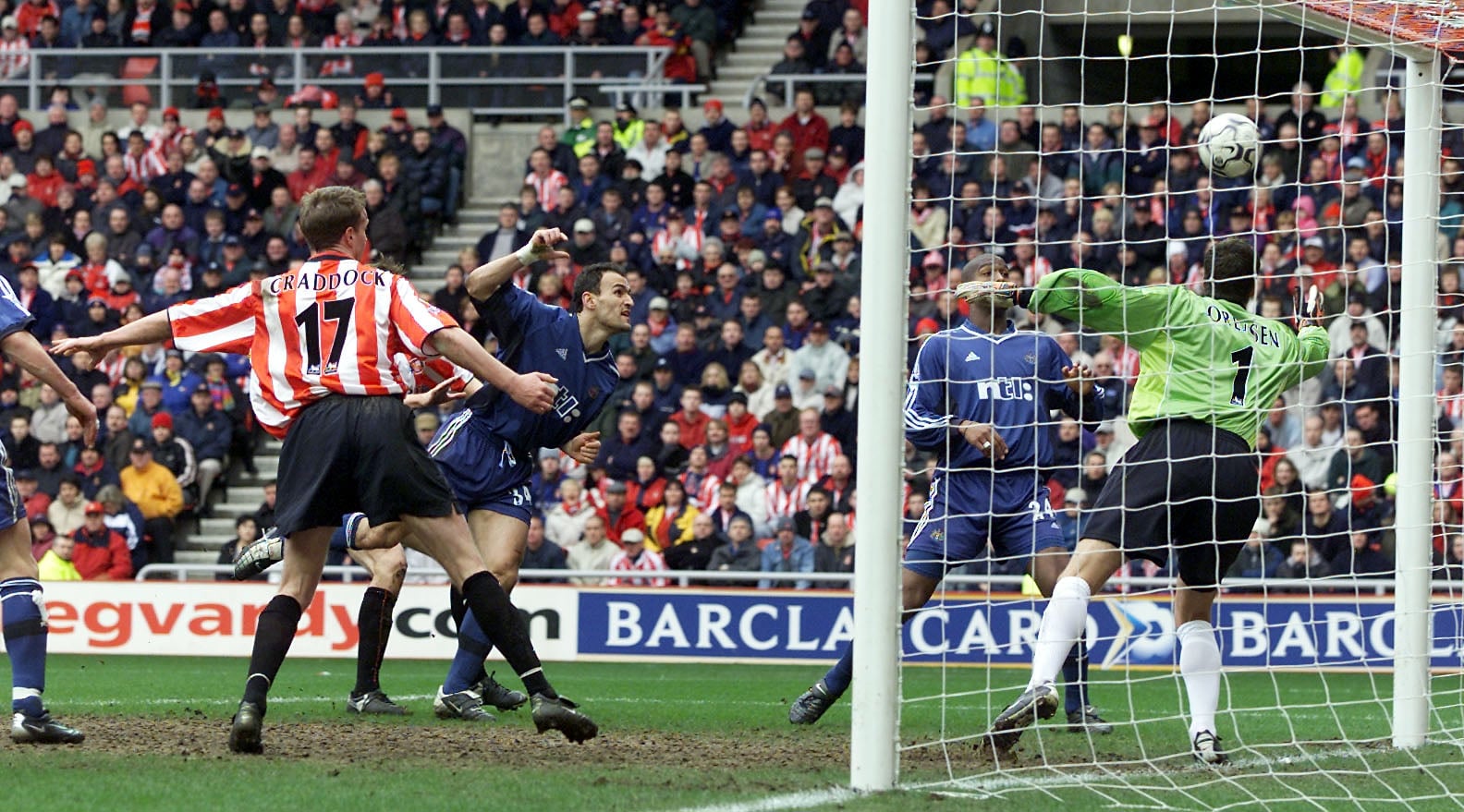 24 Feb 2002:  Nikos Dabizas of Newcastle scores the winning goal during the Sunderland v Newcastle FA Barclaycard Premiership match at the Stadium ...
