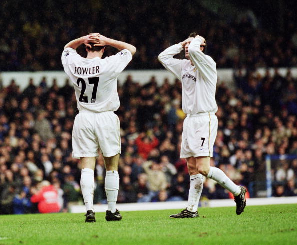 24 Feb 2002:  Despair for Robbie Fowler (left) and Robbie Keane (right) of Leeds United as the ball refuses to go in during the FA Barclaycard Prem...