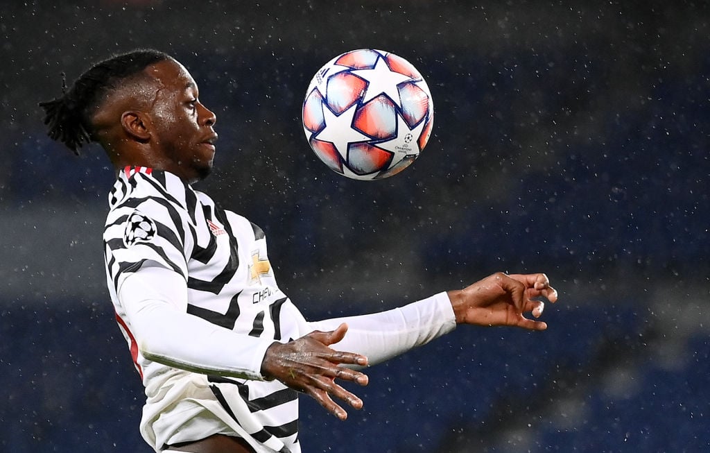 Manchester United's English defender Aaron Wan-Bissaka controls the ball during the UEFA Champions League Group H first-leg football match between ...
