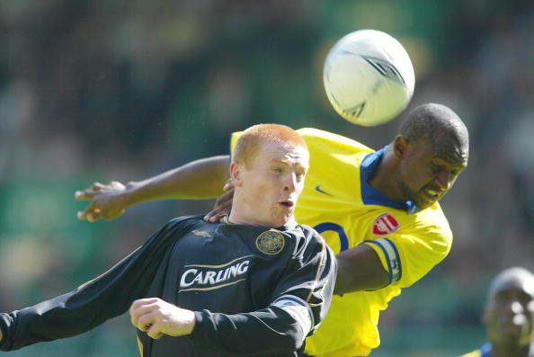 Neil Lennon of Celtic goes up with Patrick Vieira of Arsenal during the Pre-season Friendly match between Celtic and Arsenal at Celtic Park, Glasgow