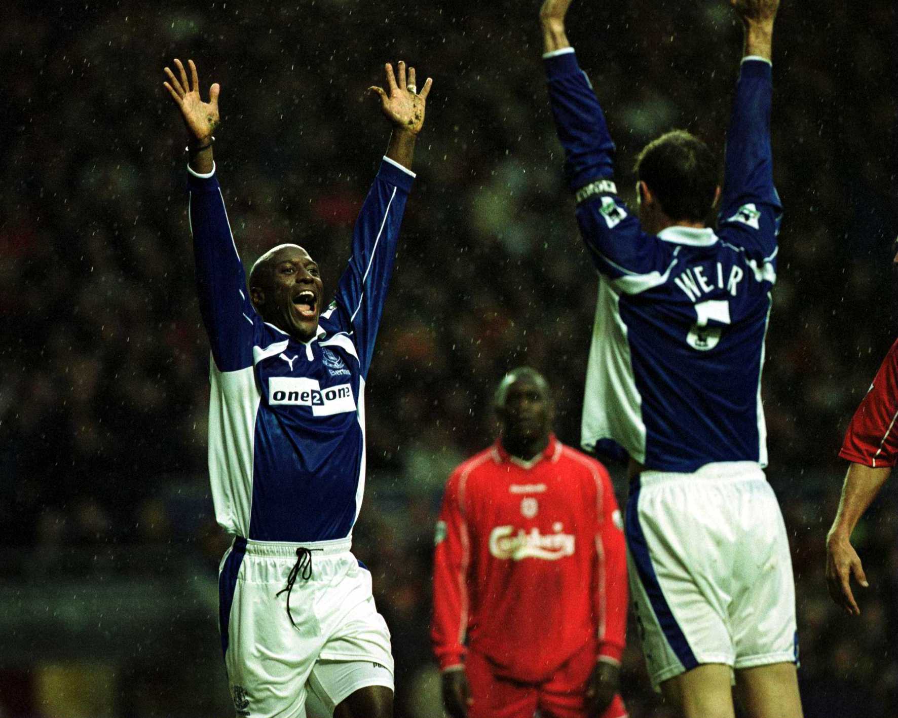 29 Oct 2000: Kevin Campbell of Everton celebrates after scoring the equalising goal during the Liverpool v Everton FA Carling Premiership match at ...