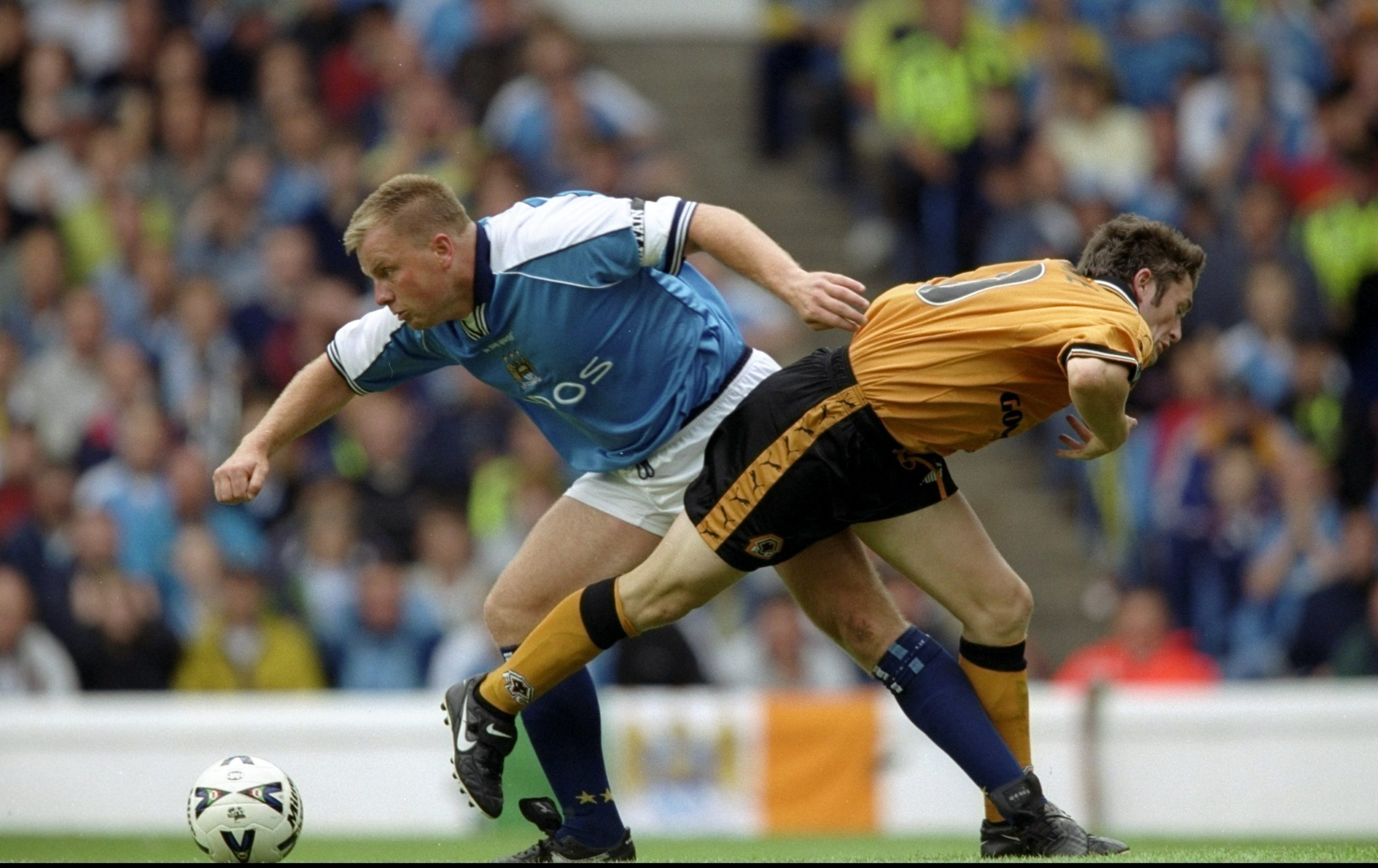 8 Aug 1999:  Robbie Keane of Wolverhampton Wanderers in action against Andy Morrison of Manchester City during the Nationwide Division One match ag...
