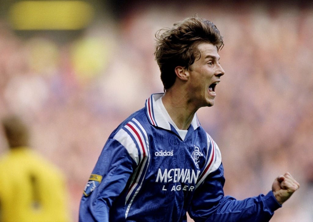 19 Oct 1996:  Brian Laudrup of Rangers celebrates their second goal during a Scottish Premier League match against Aberdeen at Ibrox Stadium in Gla...