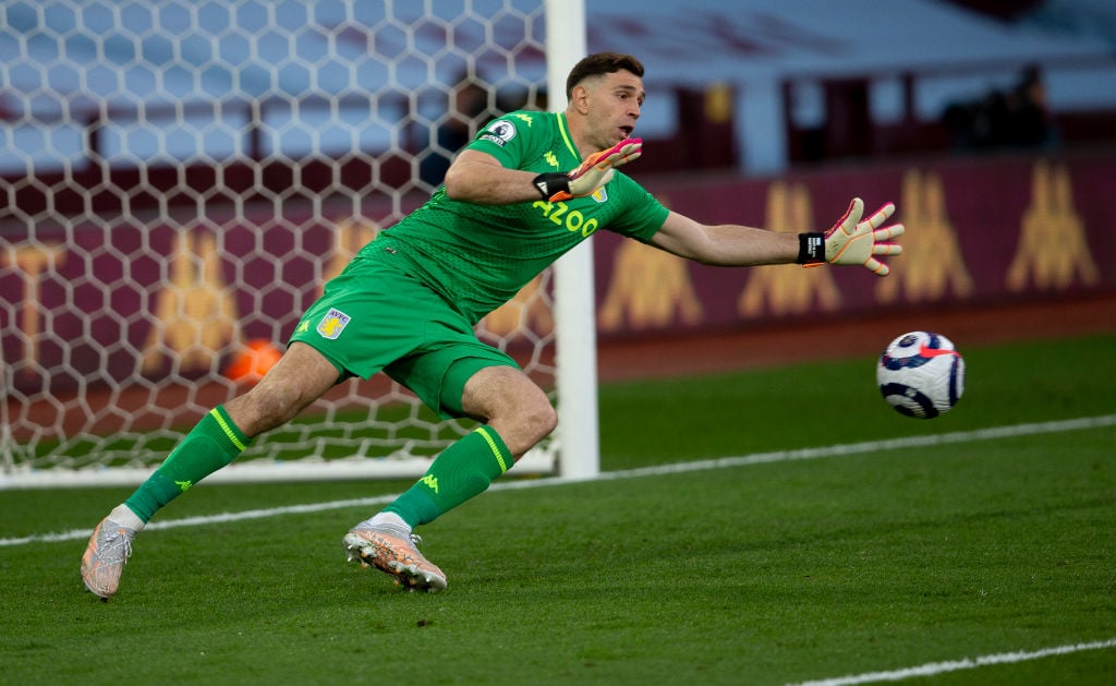 Emi Martinez making a save during a clash between Villa and West Brom.
