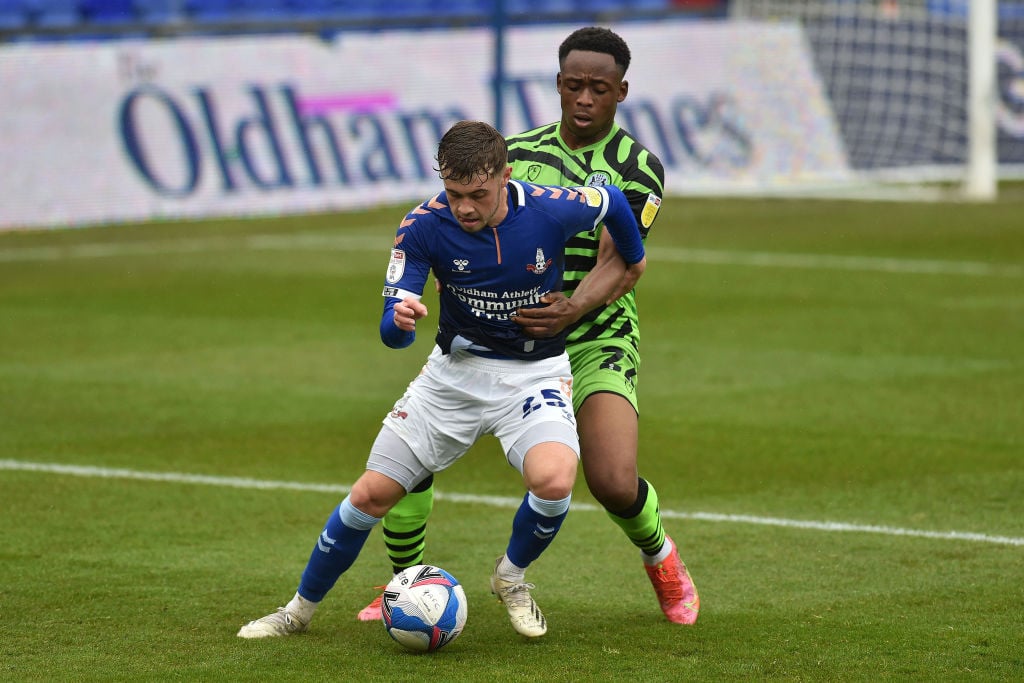 leeds-united-midfielder-alfie-mccalmont-on-loan-oldham-athletic-forest-green-rovers-udoka-godwin-malife-league-two-boundary-park