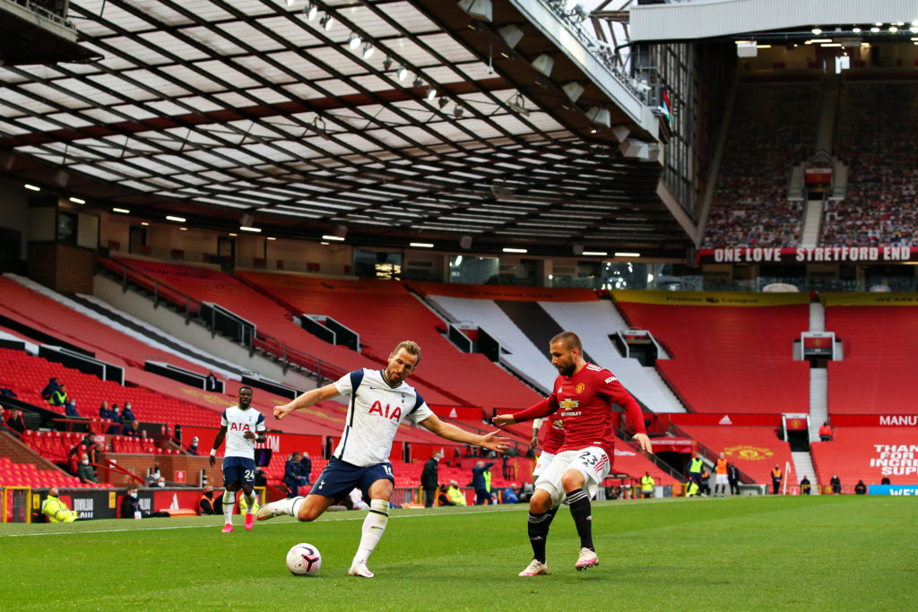 tottenham-hotspur-striker-harry-kane-battles-possession-manchester-united-transfer-luke-shaw-target-old-trafford-premier-league
