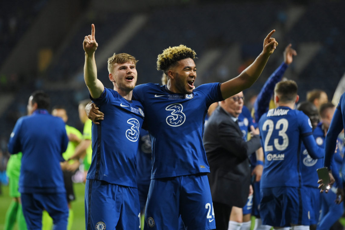 Timo Werner and Reece James of Chelsea celebrate following victory during the UEFA Champions League Final between Manchester City and Chelsea FC at...