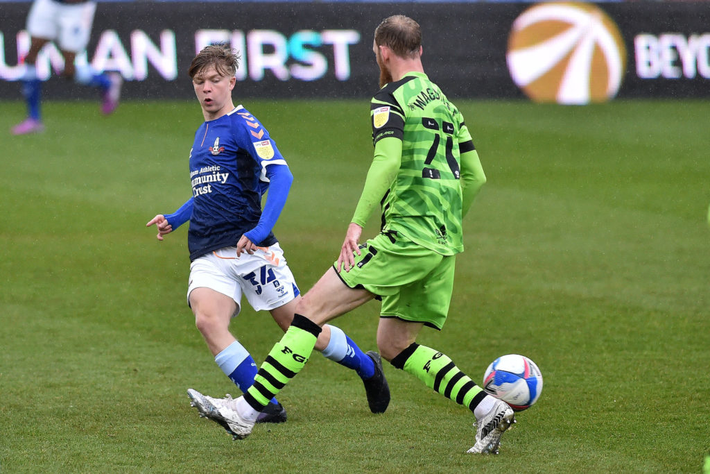man-city-transfer-target-harry-vaughan-oldham-athletic-gossip-passes-ball-forest-green-rovers-scott-wagstaff-boundary-park-league-two