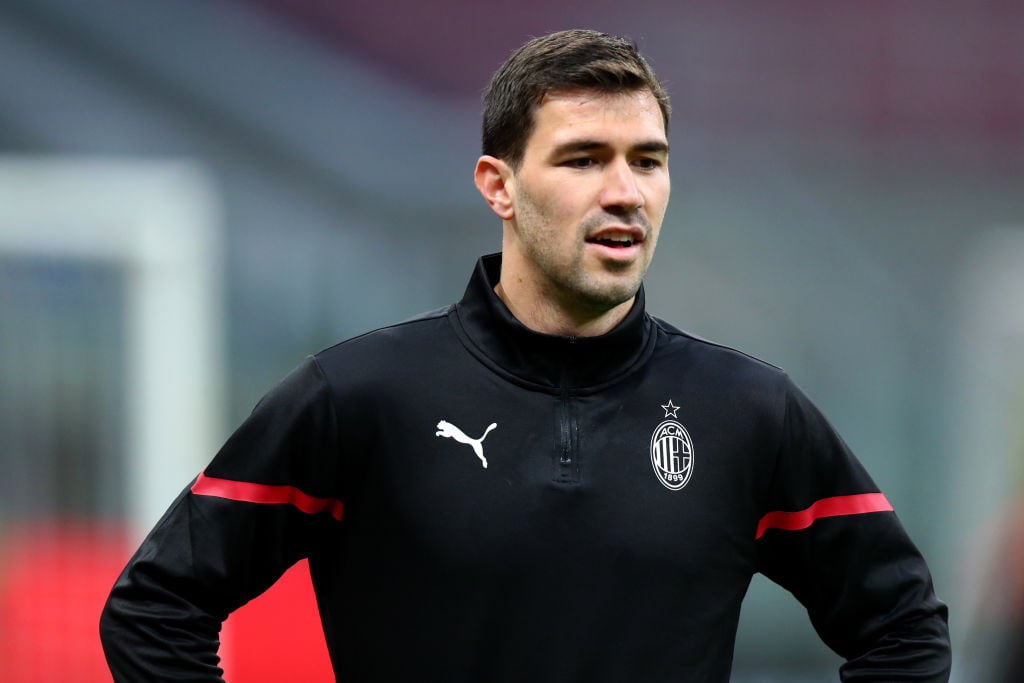 Alessio Romagnoli of Ac Milan  looks on during warm up
