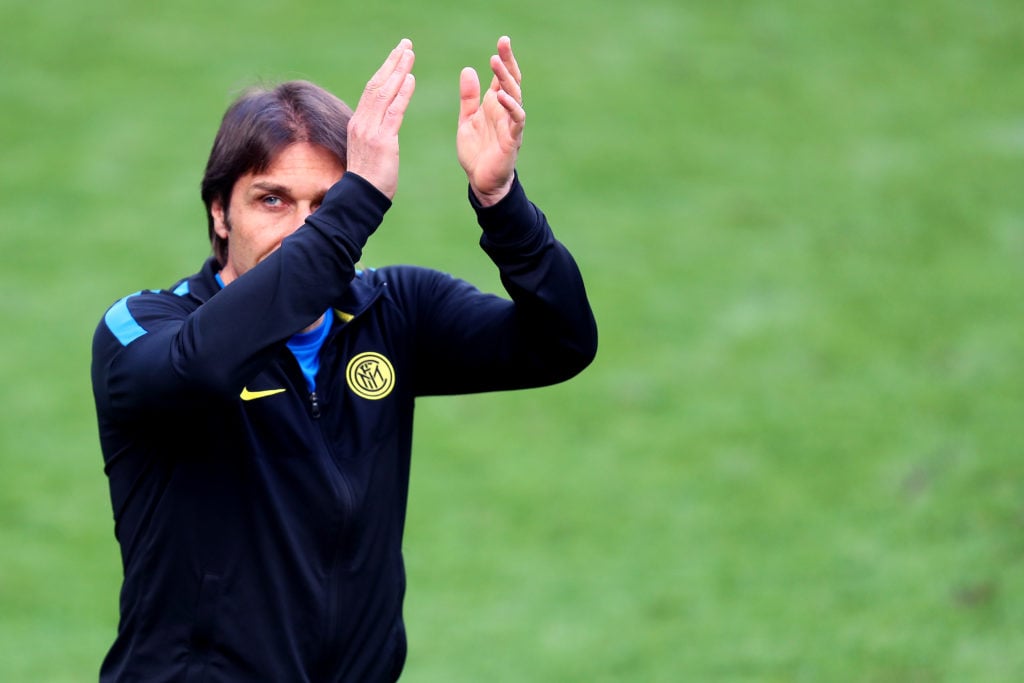 Antonio Conte, head coach of Fc Internazionale, celebrates
