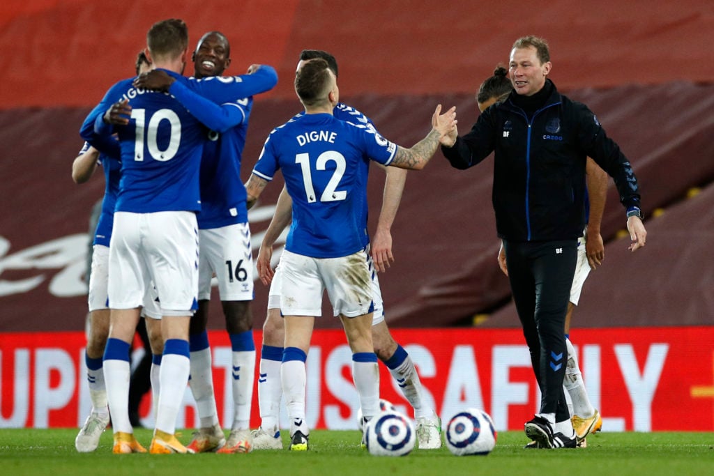 next-everton-manager-candidate-duncan-ferguson-carlo-ancelotti-replacment-goodison-park-premier-league-celebrates-with-lucas-digne-players-beating-liverpool-anfield