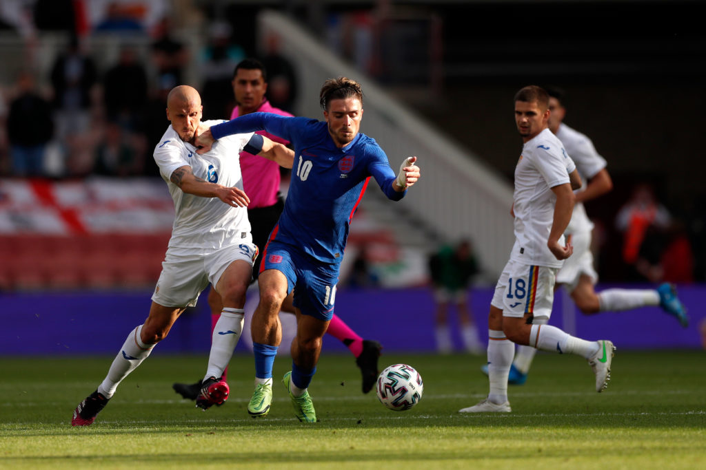 aston-villa-jack-grealish-england-three-lions-euro-2020-warm-up-friendly-dribbles-away-romania-vlad-chritiches-riverside-stadium